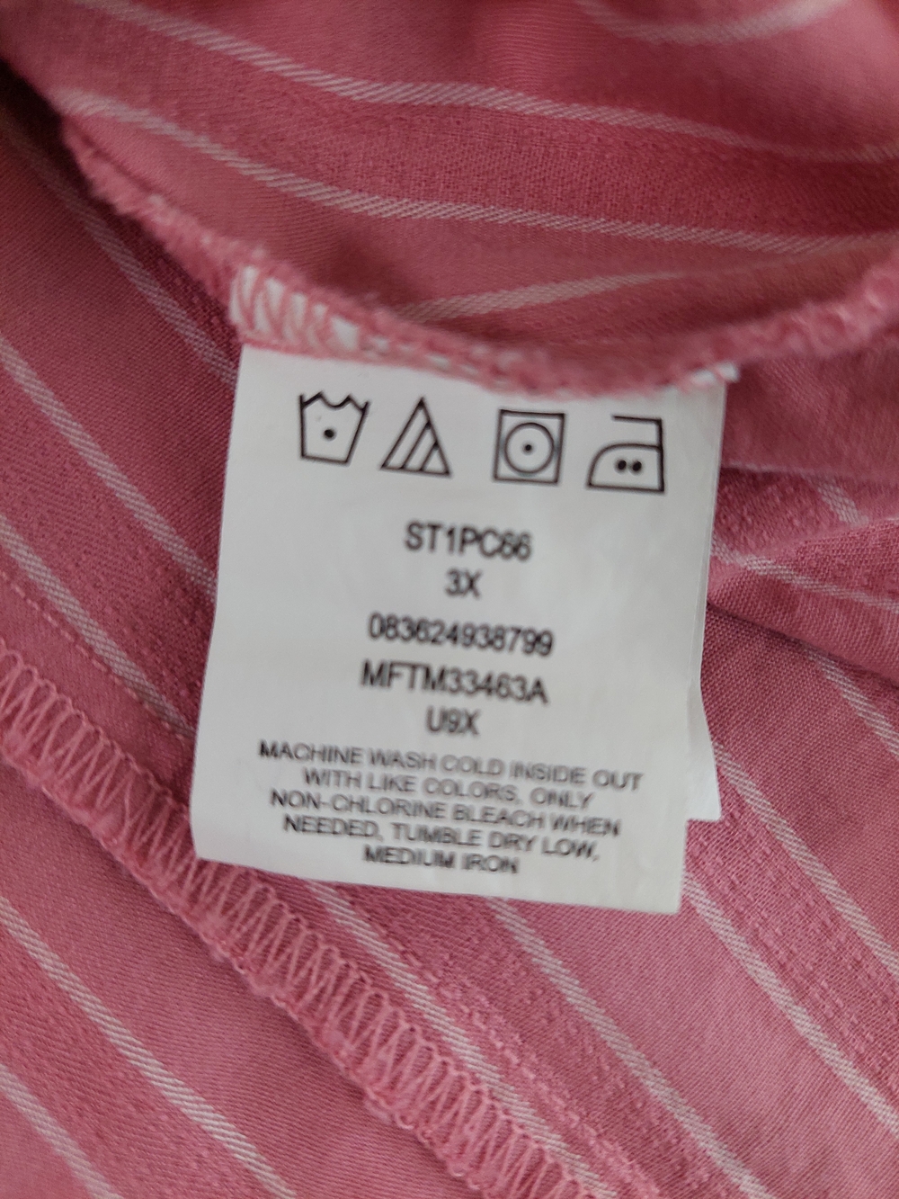 Riders by Lee Pink White Striped Button Down Blouse 3/4 Sleeve 3X Plus Cotton - Picture 6 of 7